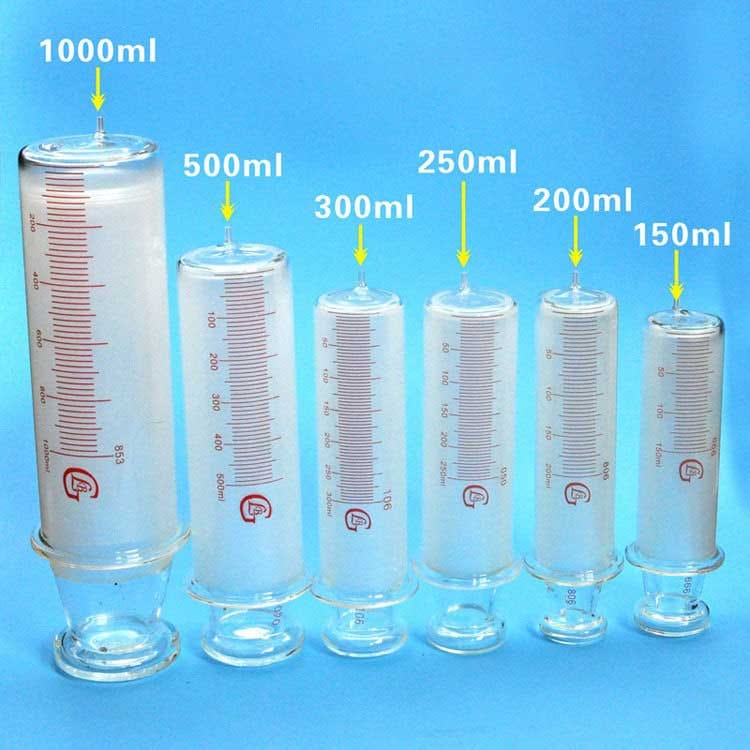 Glass Syringe with Scale, 150 ml to 1000 ml, OD 4mm Tip, Non-Medical Use