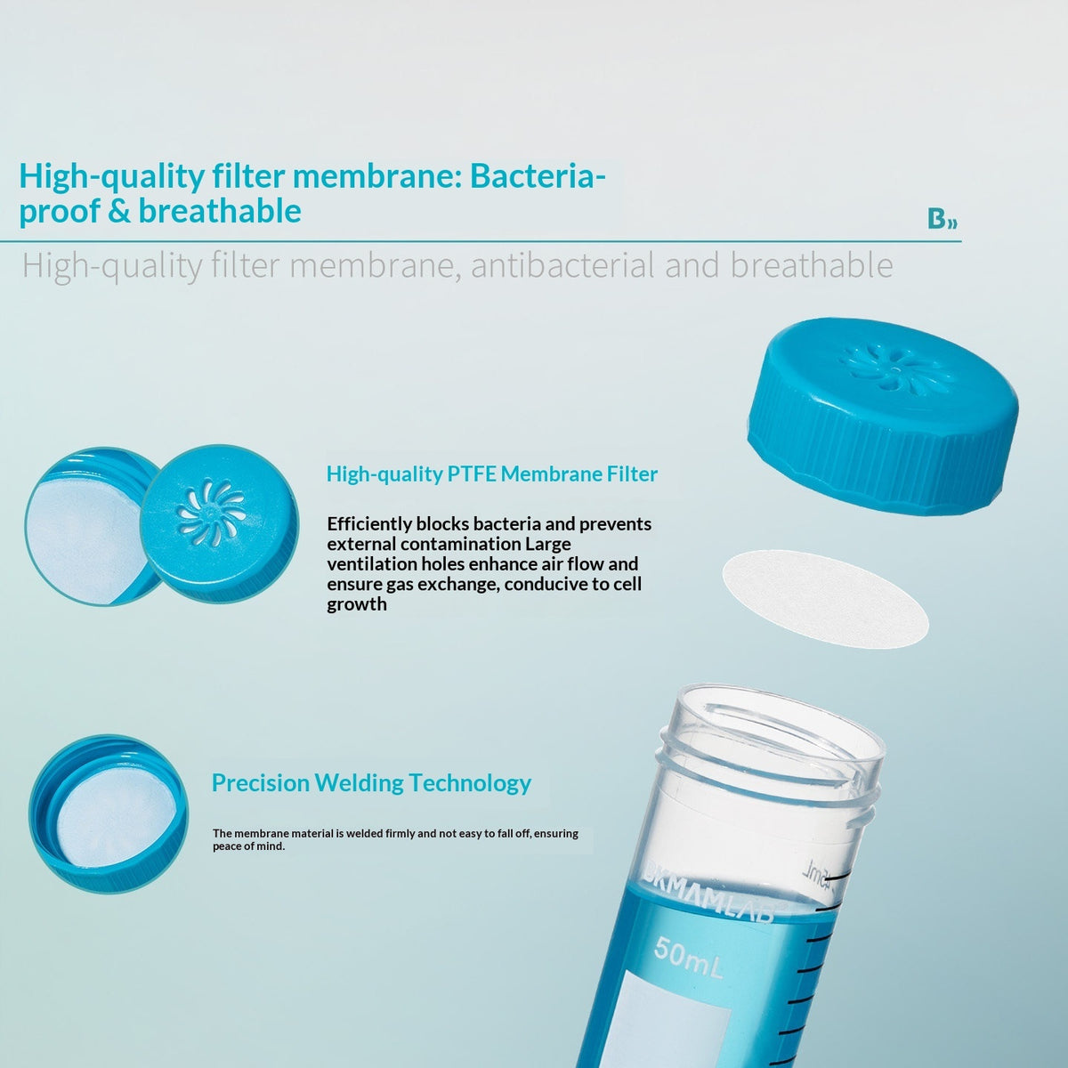 Bio-reaction Tube Suspension Cell Culture Antibacterial Breathable Filter Membrane Cap 50ml Bio-reac