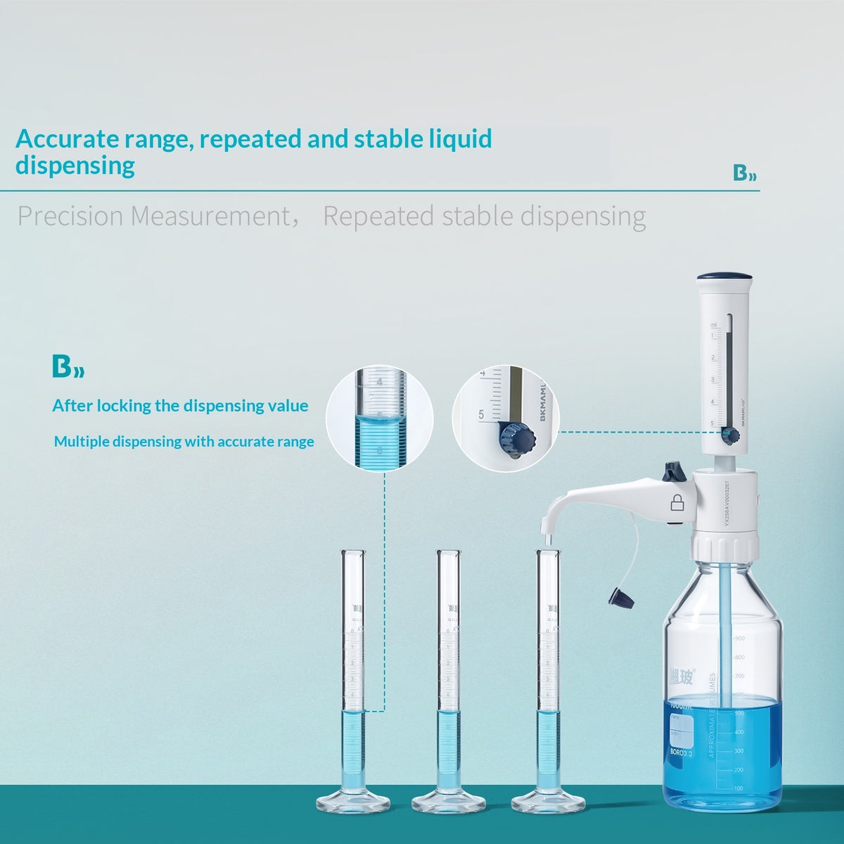 Bio-Bottle Mouth Dispenser PTFE Glass Quantitative Pipetting Manual Adjustable Experimental Bottle-T