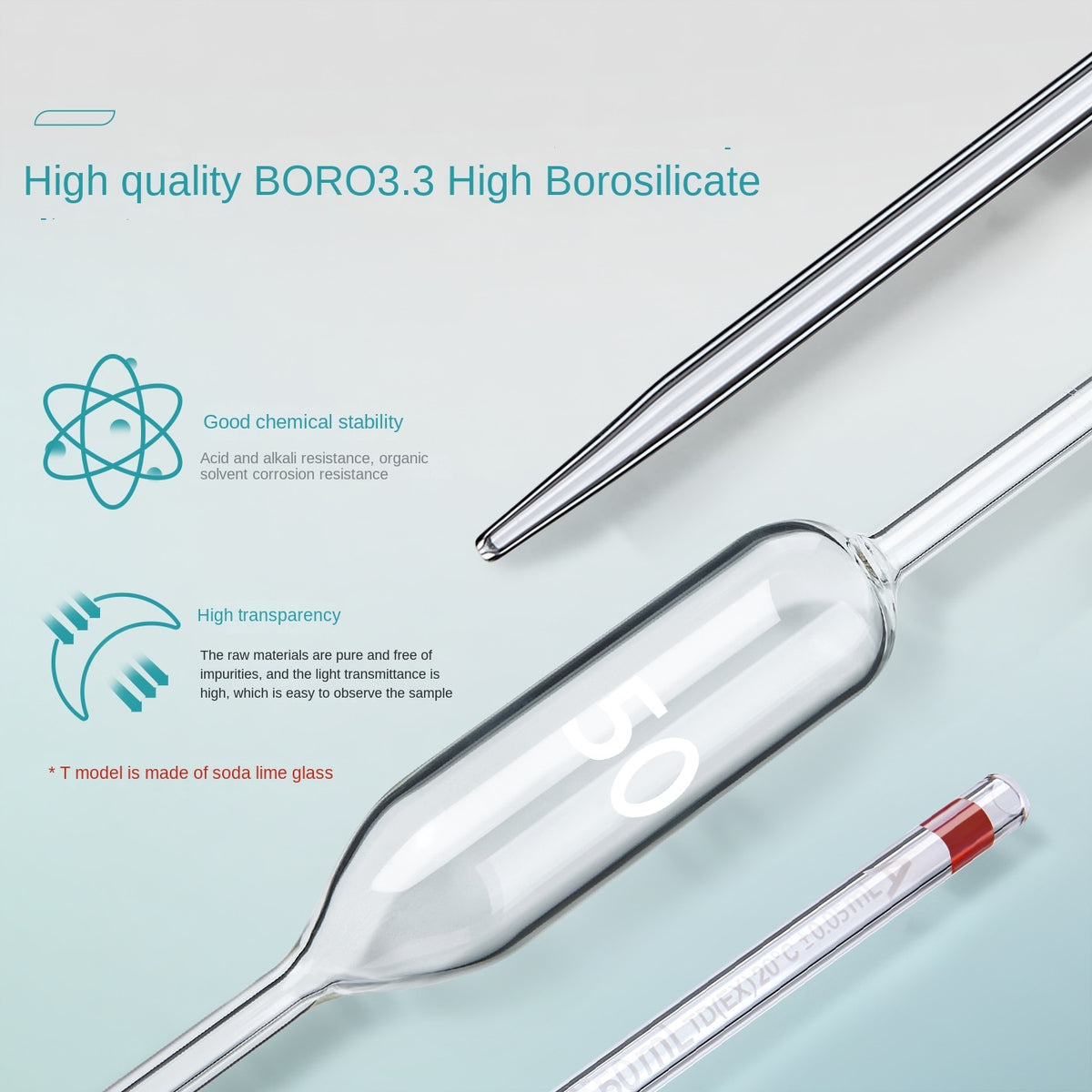 Glass Laboratory Pipette Single Line Scale 1-100ml Range