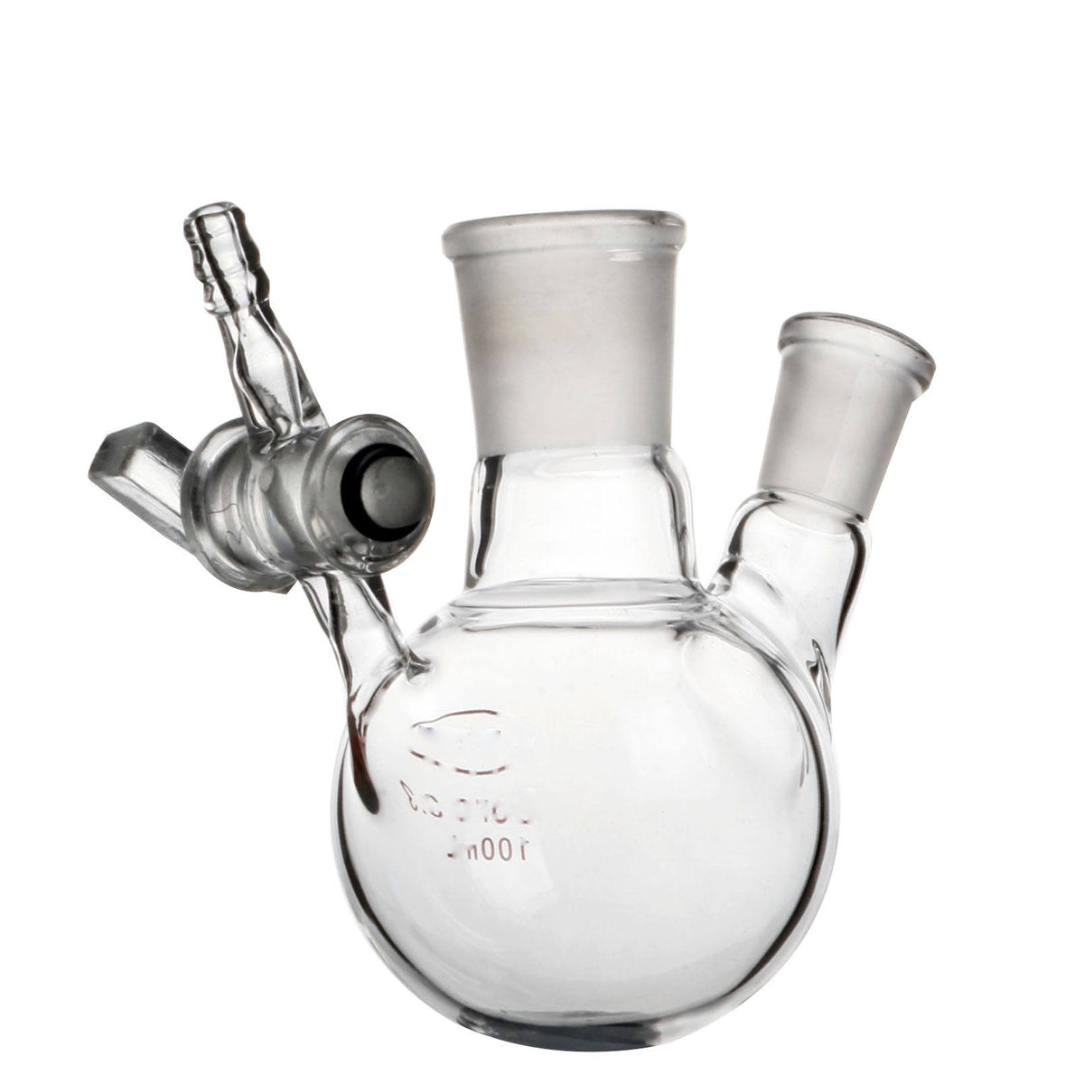 Round-bottom two-neck reaction flask with glass stopcock