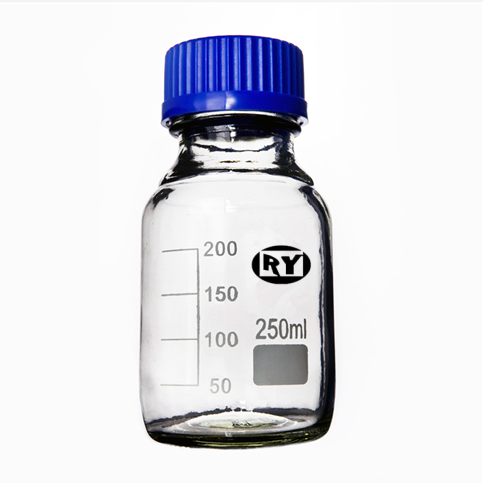 Glass reagent bottle with blue screw cap