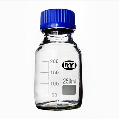 Glass reagent bottle with blue screw cap