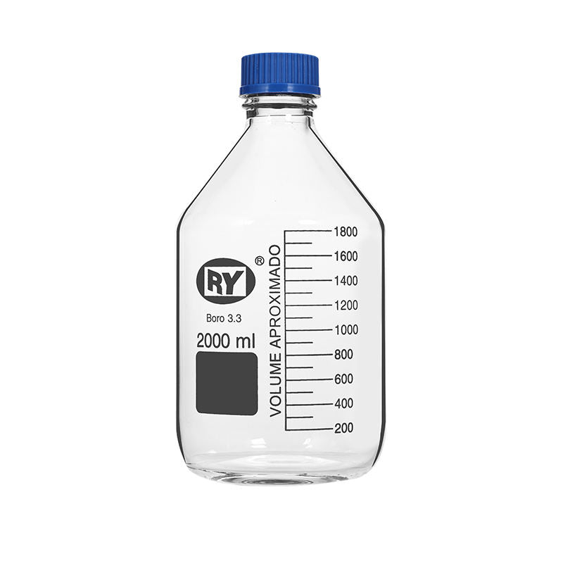 Glass reagent bottle with blue screw cap
