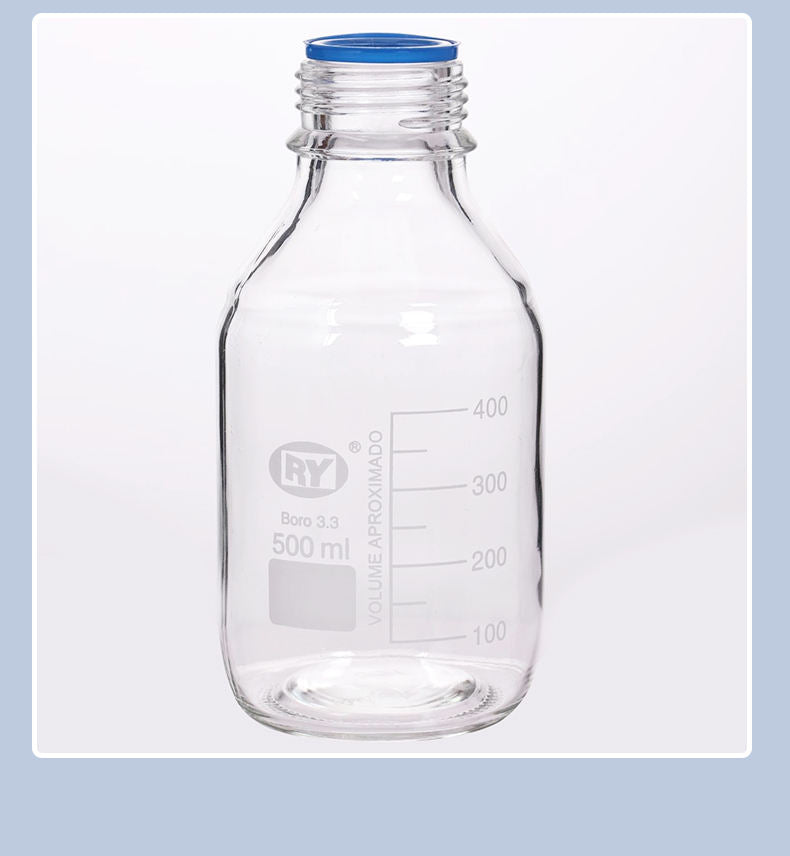 Glass reagent bottle with blue screw cap