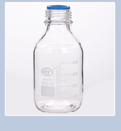 Glass reagent bottle with blue screw cap