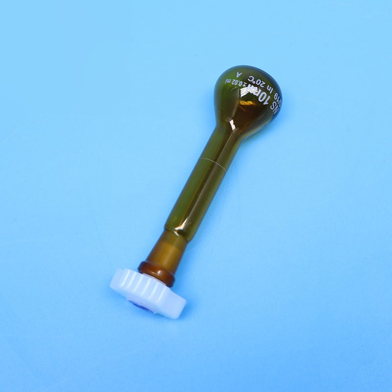 Laboratory brown glass volumetric flask with plastic stopper