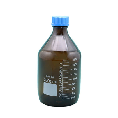 Glass Reagent/media bottle with GL45 blue screw cap ; stated thermostability -20C to 180C