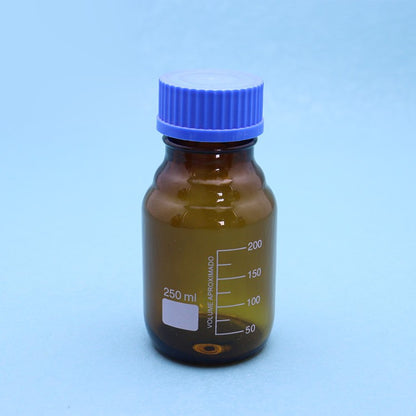 Glass Reagent/media bottle with GL45 blue screw cap ; stated thermostability -20C to 180C
