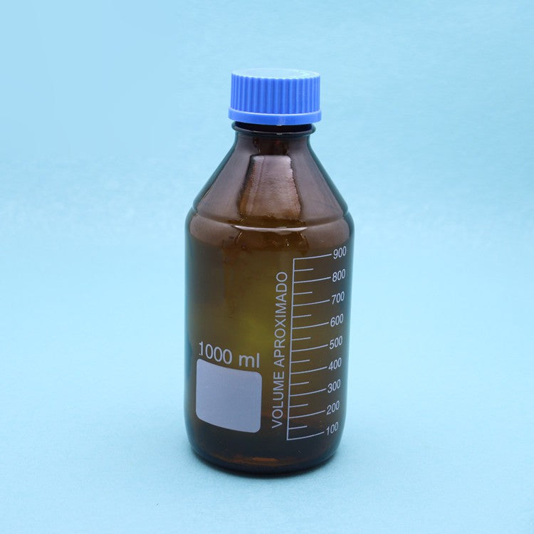 Glass Reagent/media bottle with GL45 blue screw cap ; stated thermostability -20C to 180C