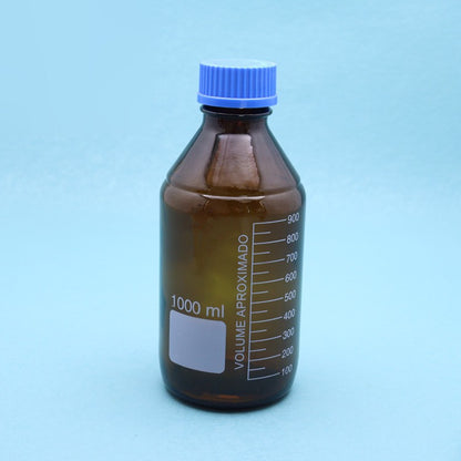Glass Reagent/media bottle with GL45 blue screw cap ; stated thermostability -20C to 180C