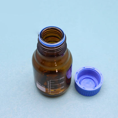 Glass Reagent/media bottle with GL45 blue screw cap ; stated thermostability -20C to 180C