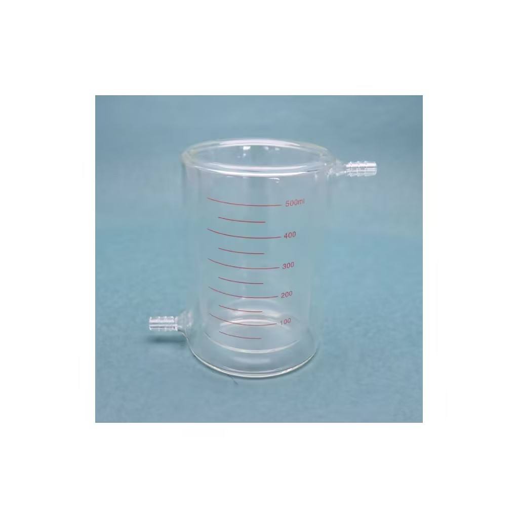 Glass Double-wall jacketed beaker with threaded jacket nozzles top and bottom