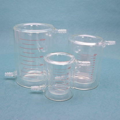 Glass Double-wall jacketed beaker with threaded jacket nozzles top and bottom