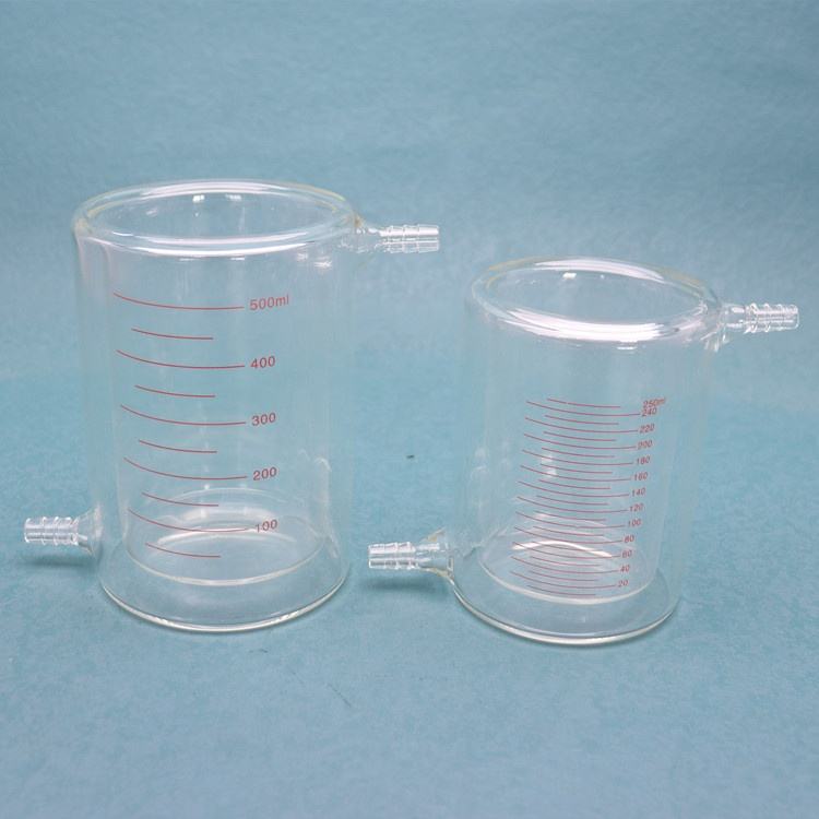 Glass Double-wall jacketed beaker with threaded jacket nozzles top and bottom
