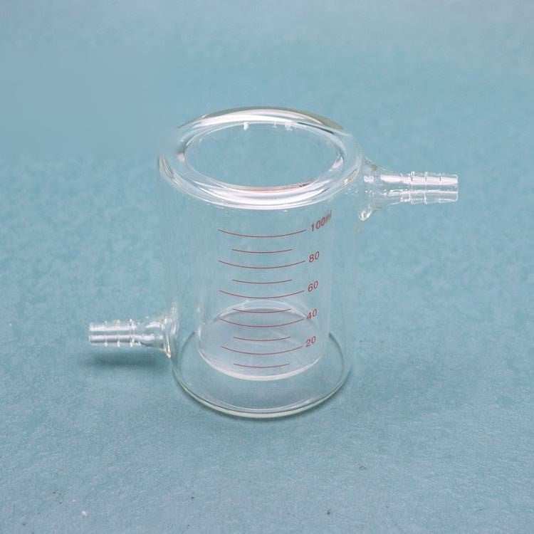 Glass Double-wall jacketed beaker with threaded jacket nozzles top and bottom