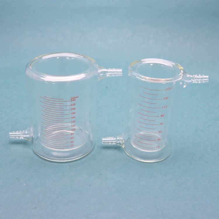 Glass Double-wall jacketed beaker with threaded jacket nozzles top and bottom