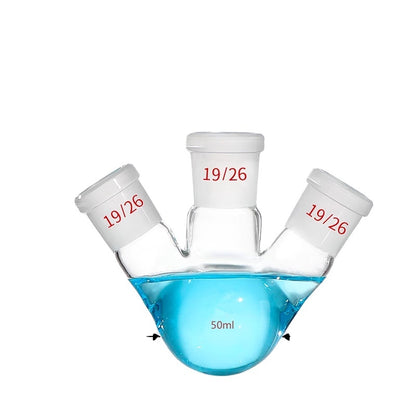 Three-neck spherical boiling/distillation flask with angled oblique standard side joints