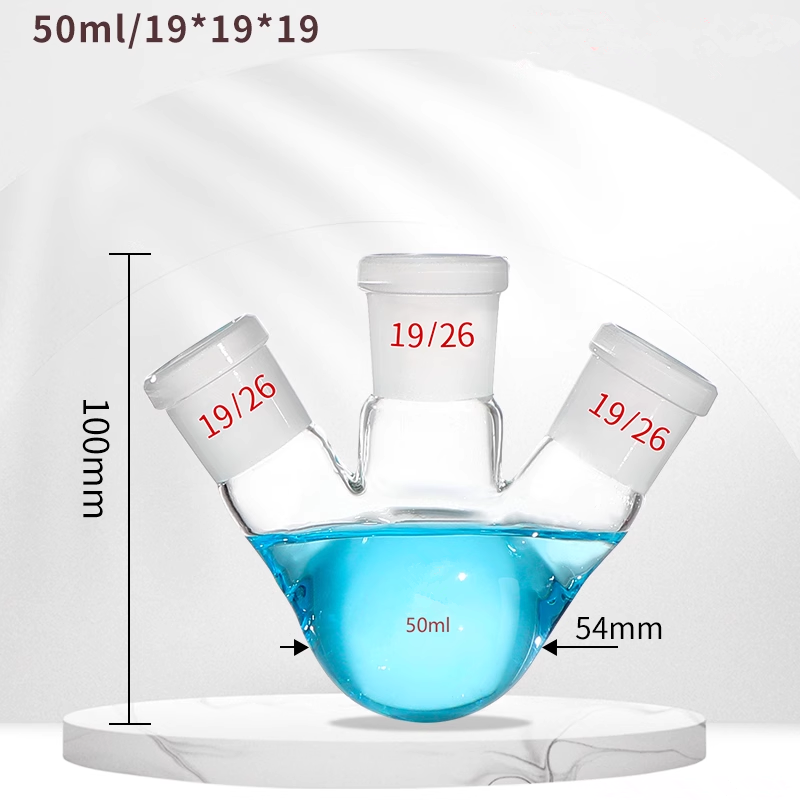 Three-neck spherical boiling/distillation flask with angled oblique standard side joints