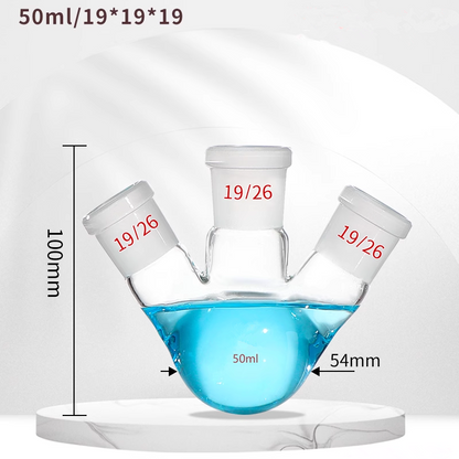 Three-neck spherical boiling/distillation flask with angled oblique standard side joints
