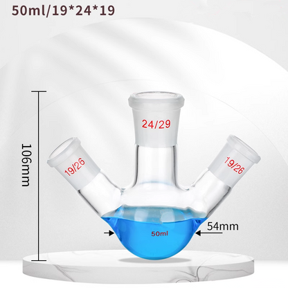 Three-neck spherical boiling/distillation flask with angled oblique standard side joints