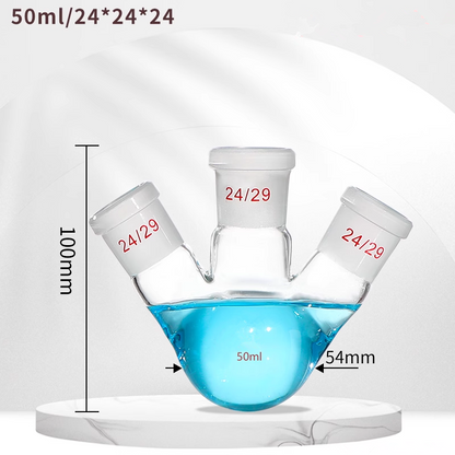 Three-neck spherical boiling/distillation flask with angled oblique standard side joints