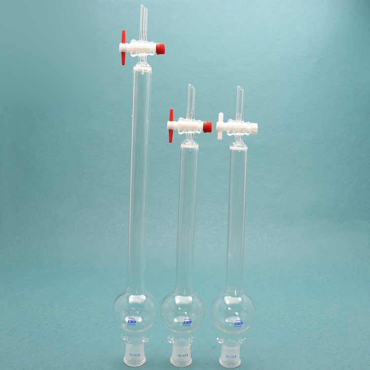 Glass chromatographic column with storage/reservoir ball and PTFE piston for flash chromatography