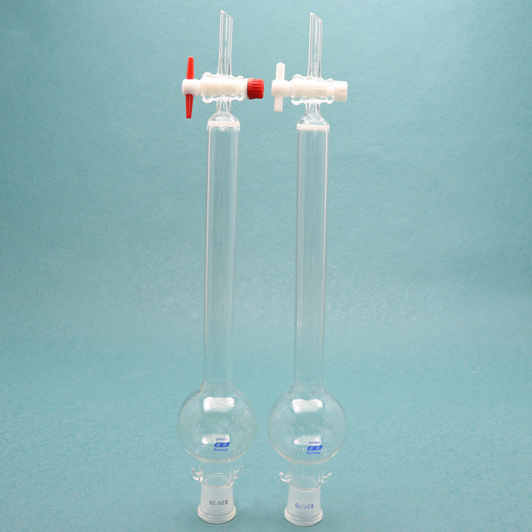 Glass chromatographic column with storage/reservoir ball and PTFE piston for flash chromatography