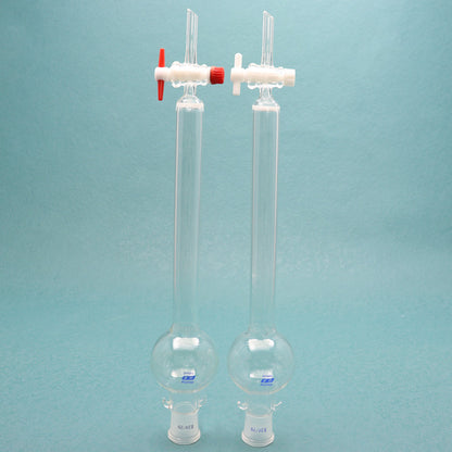Glass chromatographic column with storage/reservoir ball and PTFE piston for flash chromatography