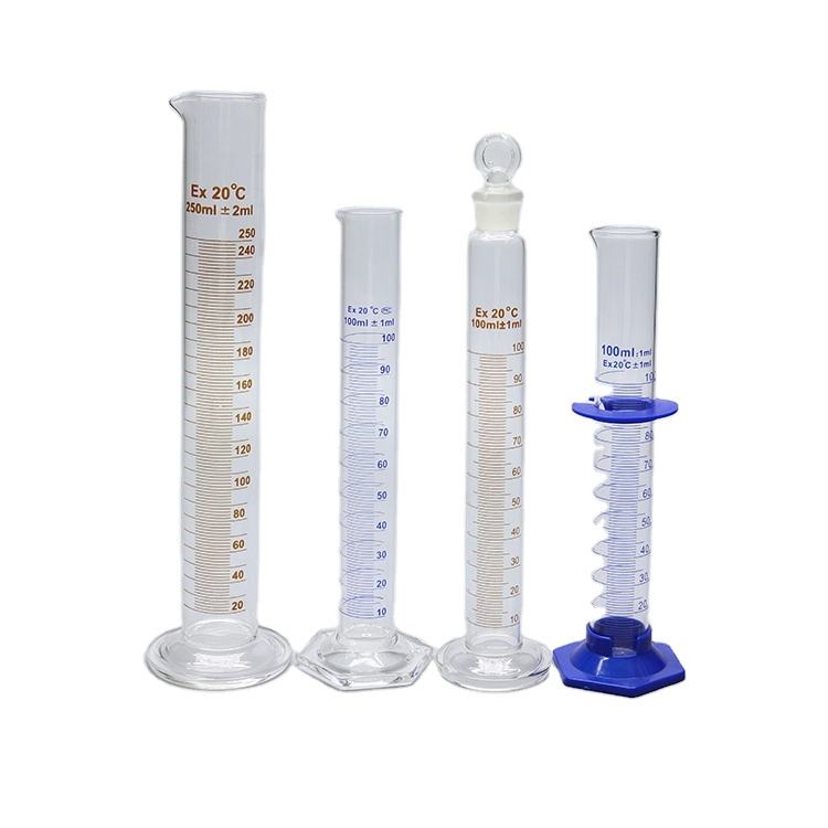 Single thick-walled Boro 3.3 glass graduated measuring cylinder with spout and graduation; matches title