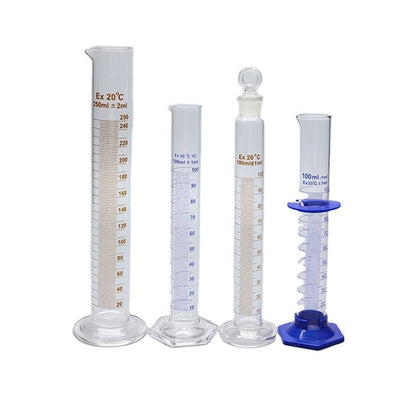 Single thick-walled Boro 3.3 glass graduated measuring cylinder with spout and graduation; matches title