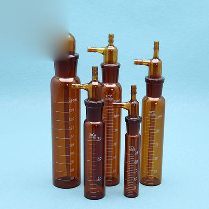 Borosilicate glass impact-type gas absorption/washing bottles with glass stoppers and side arms