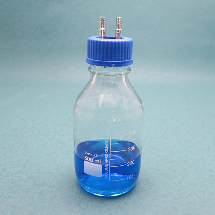 Borosilicate glass reagent/feeding bottle with blue screw cap with dual hose ports