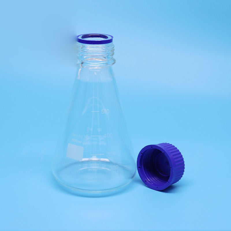 Erlenmeyer flask with blue screw cap