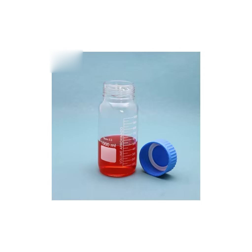 Glass reagent/media storage bottle with blue screw cap