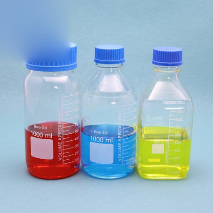 Glass reagent/media storage bottle with blue screw cap