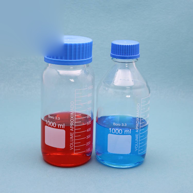 Glass reagent/media storage bottle with blue screw cap