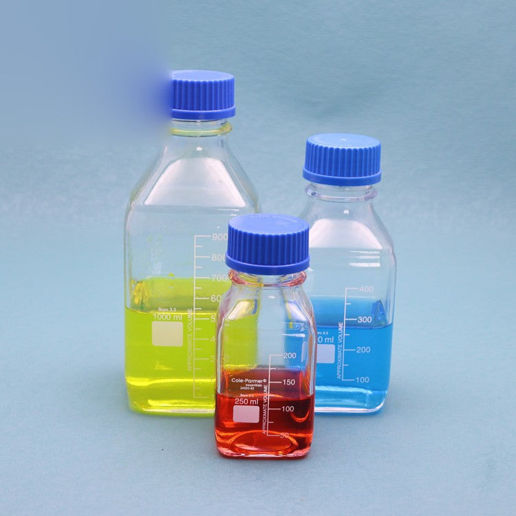 Reagent/media bottle with GL45 blue screw cap
