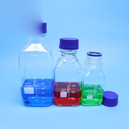 Square borosilicate glass reagent vial with blue screw cap and graduation marks