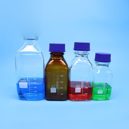 Square borosilicate glass reagent vial with blue screw cap and graduation marks