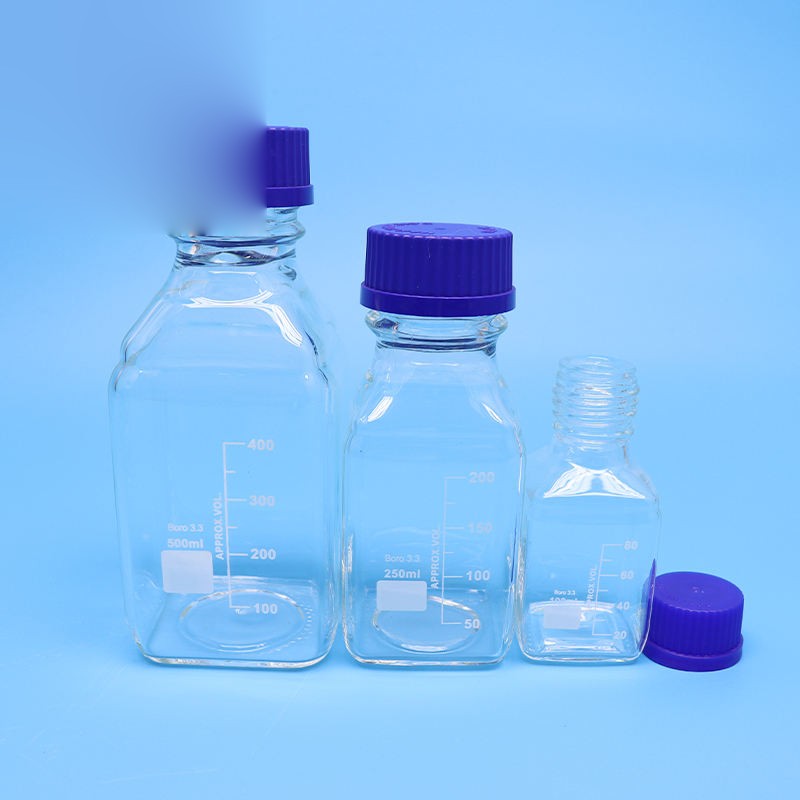 Square wide-mouth borosilicate glass reagent bottle with blue screw cap