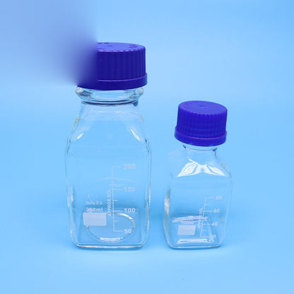 Square wide-mouth borosilicate glass reagent bottle with blue screw cap
