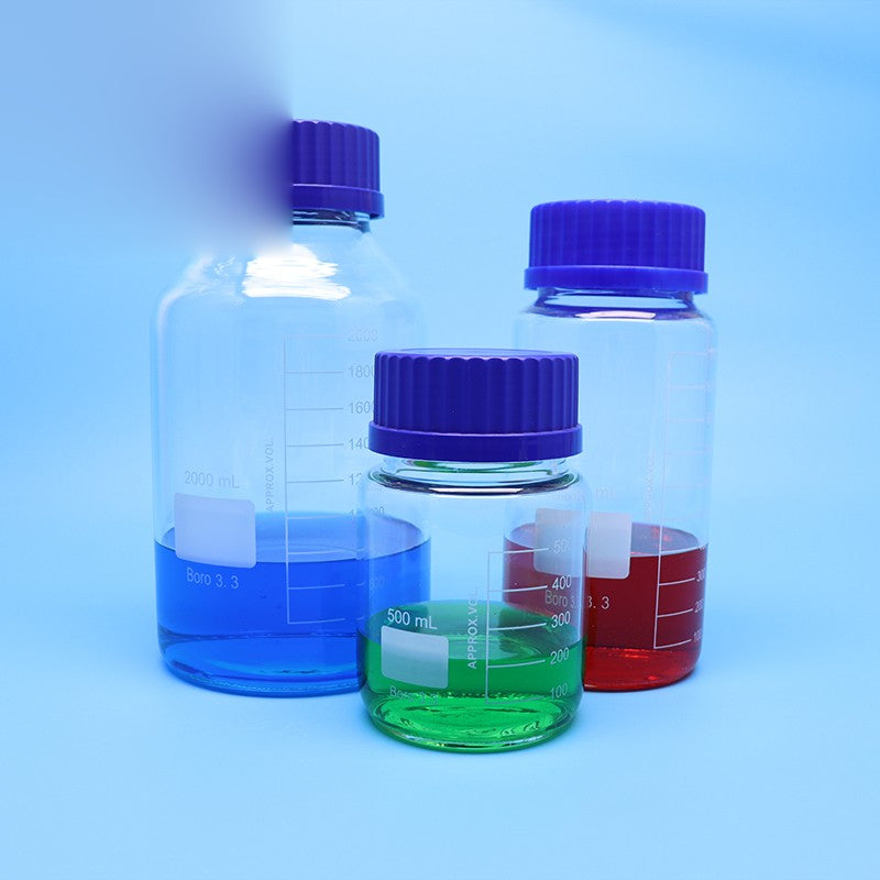 Wide-mouth borosilicate glass reagent bottle with blue screw cap