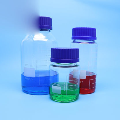 Wide-mouth borosilicate glass reagent bottle with blue screw cap