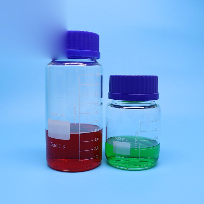 Wide-mouth borosilicate glass reagent bottle with blue screw cap
