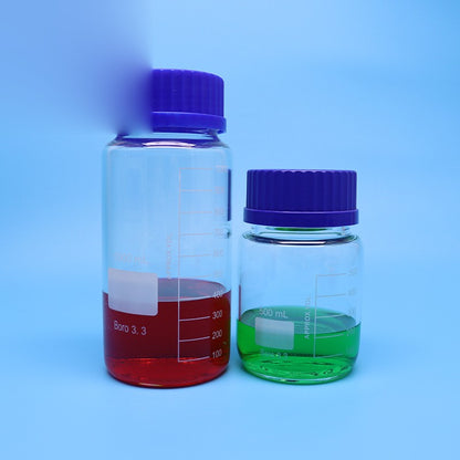 Wide-mouth borosilicate glass reagent bottle with blue screw cap