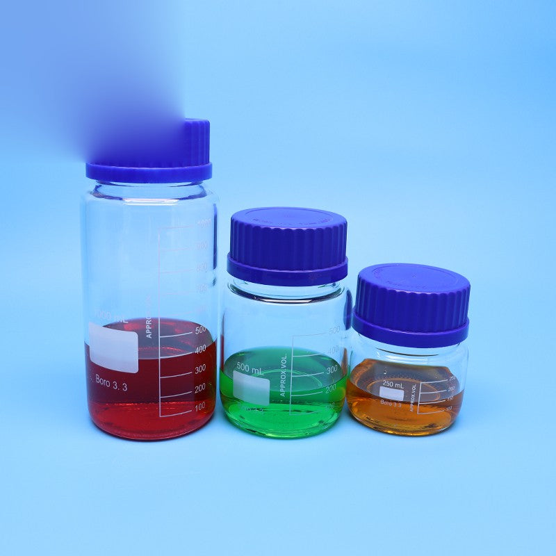 Wide-mouth borosilicate glass reagent bottle with blue screw cap