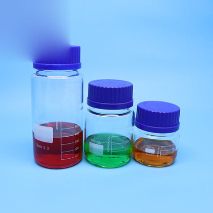 Wide-mouth borosilicate glass reagent bottle with blue screw cap