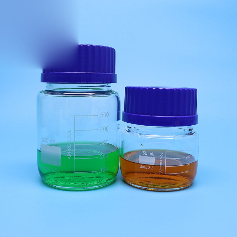 Wide-mouth borosilicate glass reagent bottle with blue screw cap