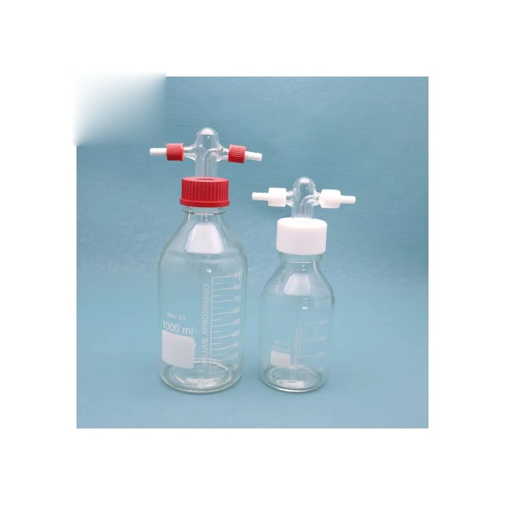 Glass buffer bottle / gas washing bottle with GL45 mouth and dispensing head